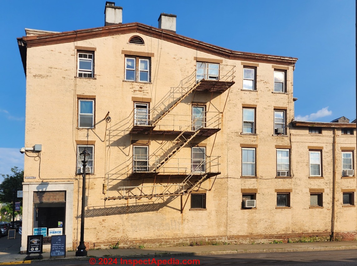 Fire escape in Hudson New York in 2024 (C) Daniel Friedman at InspectApedia.com
