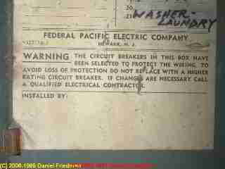 Photograph of an FPE Stab-Lok® electrical panel label bottom