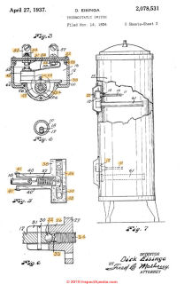 Dirk Eisinga's water heater thermostatic switch patent 1937 No. 2,078,531 at InspectApedia.com