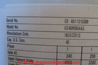 GE water heater data tag (C) Daniel Friedman at InspectApedia.com