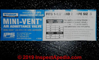 Studor Air Admittance Valve Sizing Chart (C) InspectApedia.com  Russ